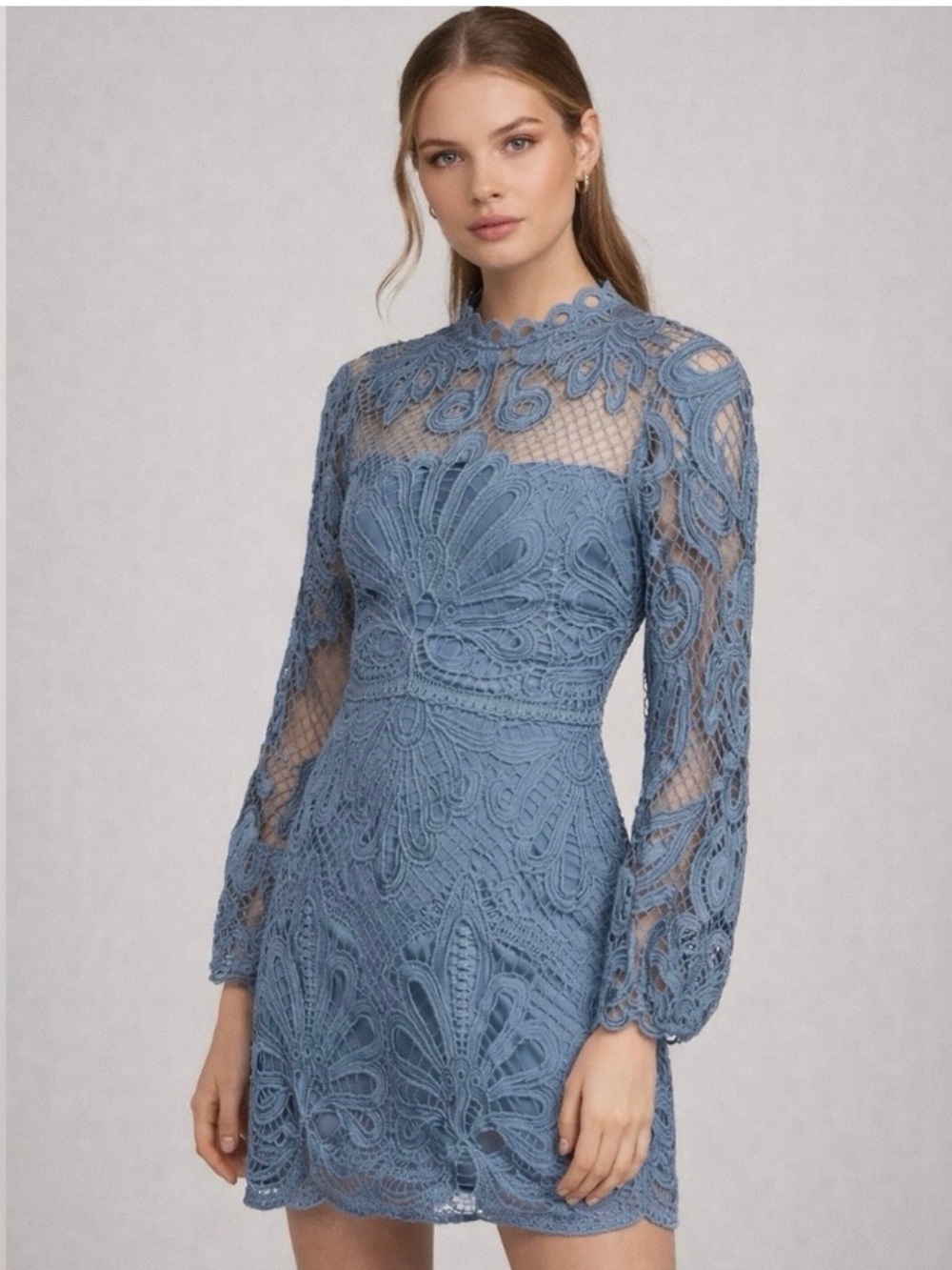 Lipsy London, Dusty Blue Lace Mini Dress | Size US 2 | Cruel Intentions PRIME